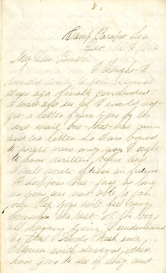 Jerry Flint letter of December 16, 1862, from the Jerry E. Flint Paper (River Falls Mss BN) at the University of Wisconsin-River Falls University Archives & Area Research Center