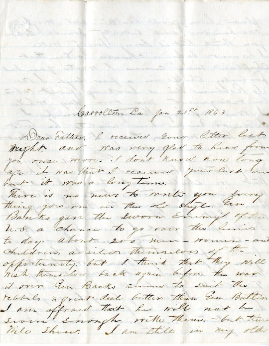 Frank Harding letter of January 21, 1863, from the Frank D. Harding Papers (River Falls Mss AB) in the University Archives & Area Research Center at the University of Wisconsin-River Falls