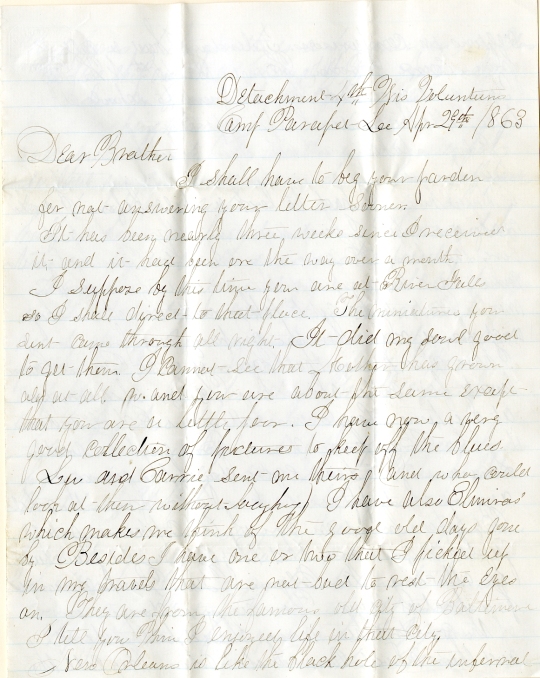 Jerry Flint letter of April 29, 1863, from the Jerry E. Flint Paper (River Falls Mss BN) at the University of Wisconsin-River Falls University Archives & Area Research Center