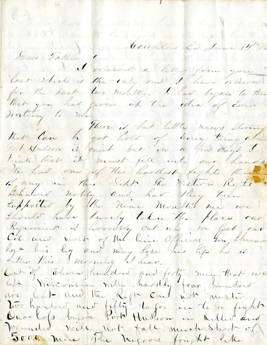 Frank Harding letter of June 14, 1863, from the Frank D. Harding Papers (River Falls Mss AB) in the University Archives & Area Research Center at the University of Wisconsin-River Falls