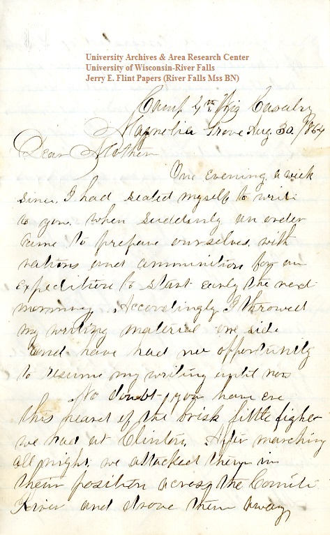 Jerry Flint letter of August 30, 1864, from the Jerry E. Flint Papers (River Falls Mss BN) at the University of Wisconsin-River Falls University Archives & Area Research Center