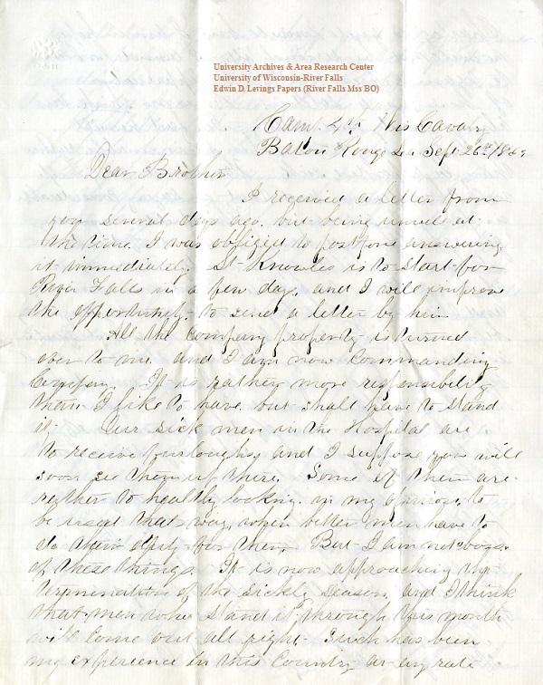 Jerry Flint letter of September 26, 1864, from the Jerry E. Flint Papers (River Falls Mss BN) at the University of Wisconsin-River Falls University Archives & Area Research Center