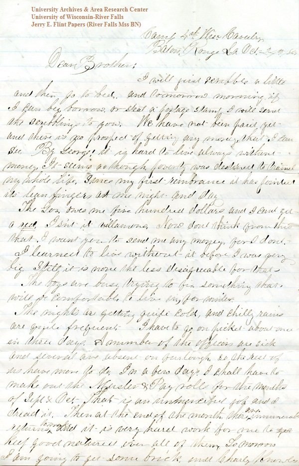 Jerry Flint letter of October 24, 1864, from the Jerry E. Flint Papers (River Falls Mss BN) at the University of Wisconsin-River Falls University Archives & Area Research Center