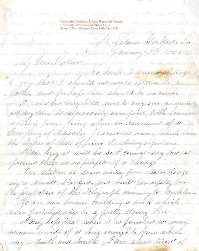 Jerry Flint letter of January 9, 1865, from the Jerry E. Flint Papers (River Falls Mss BN) at the University of Wisconsin-River Falls University Archives & Area Research Center