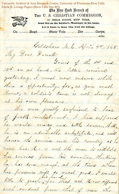 Edwin Levings letter of April 4, 1865, from the Edwin D. Levings Papers (River Falls Mss BO) in the University Archives & Area Research Center at the University of Wisconsin-River Falls