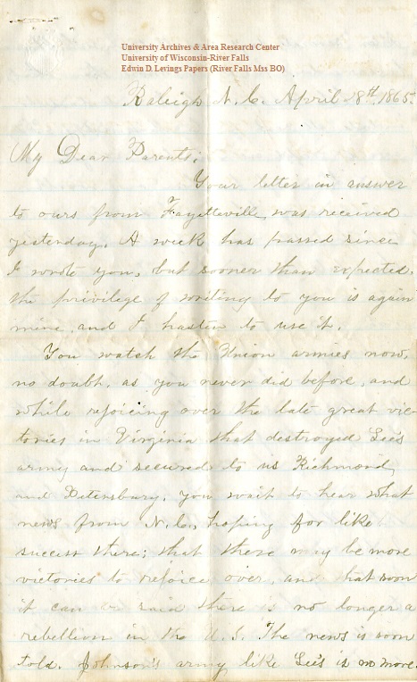 Edwin Levings letter of April 18, 1865, from the Edwin D. Levings Papers (River Falls Mss BO) in the University Archives & Area Research Center at the University of Wisconsin-River Falls