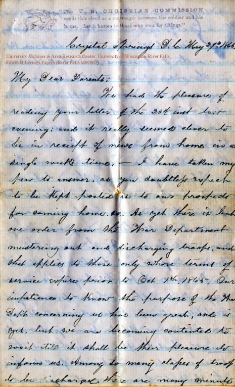 Edwin Levings letter of May 27, 1865, from the Edwin D. Levings Papers (River Falls Mss BO) in the University Archives & Area Research Center at the University of Wisconsin-River Falls