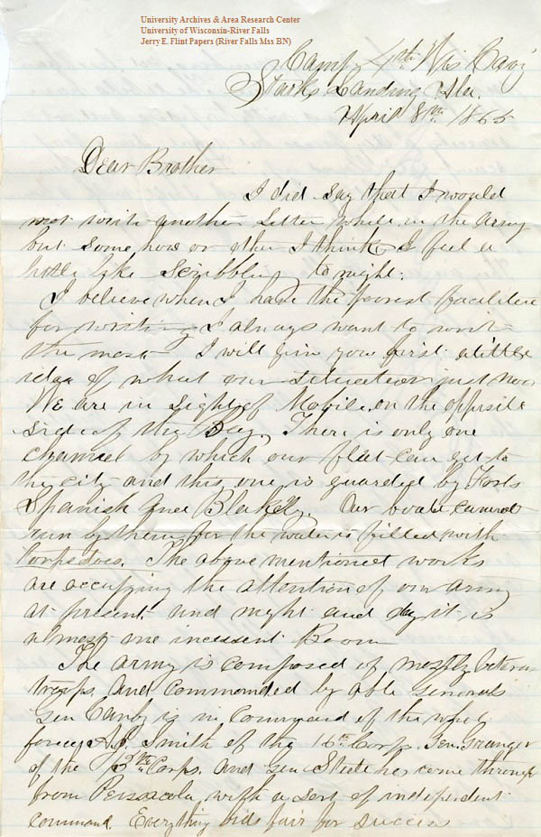 Jerry Flint letter of April 8, 1865, from the Jerry E. Flint Papers (River Falls Mss BN) at the University of Wisconsin-River Falls University Archives & Area Research Center