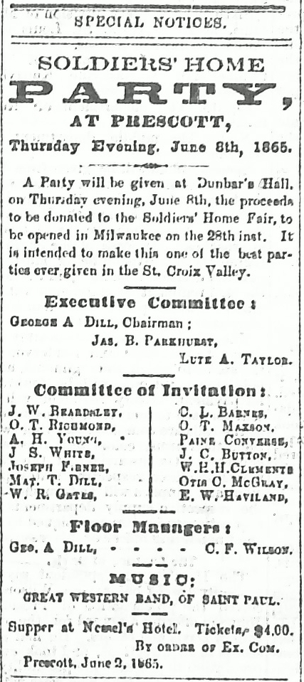 Prescott Journal, 6-3-1865, Soldiers Home Party