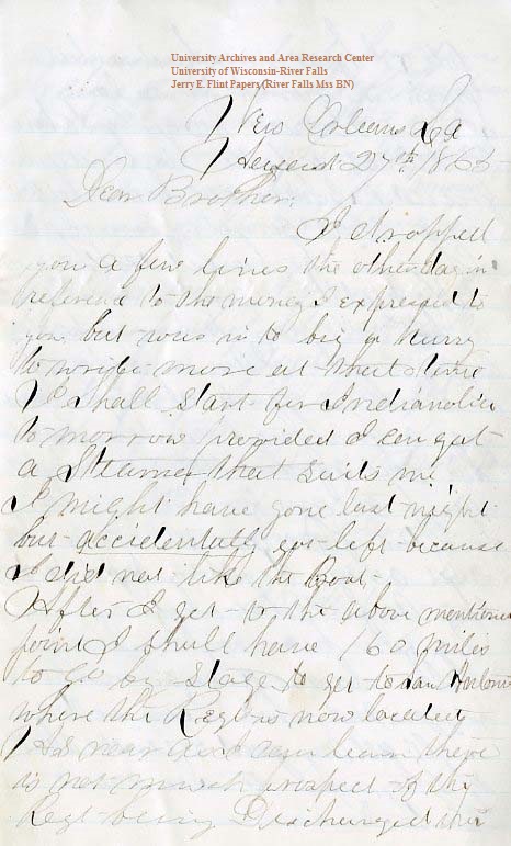 Jerry Flint letter of August 27, 1865, from the Jerry E. Flint Papers (River Falls Mss BN) at the University of Wisconsin-River Falls University Archives & Area Research Center