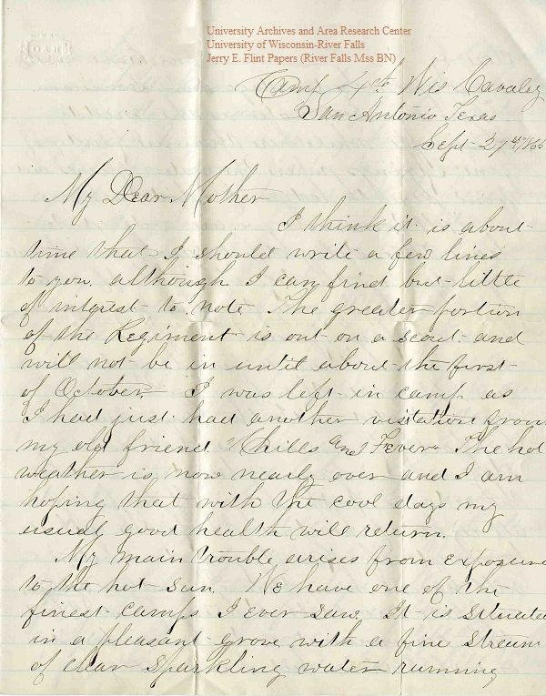 Jerry Flint letter of September 27, 1865, from the Jerry E. Flint Papers (River Falls Mss BN) at the University of Wisconsin-River Falls University Archives & Area Research Center